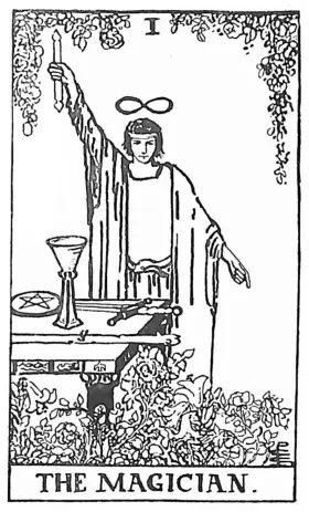 Pamela Colman Smith의 I. 마법사 공개 도메인 흑백 도판
