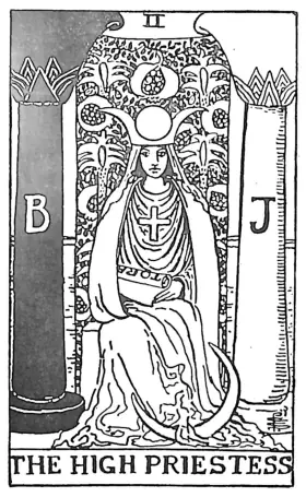 Pamela Colman Smith의 II. 여사제 공개 도메인 흑백 도판