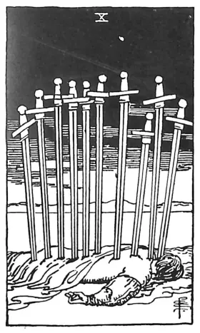 Pamela Colman Smith의 소드 10 공개 도메인 흑백 도판